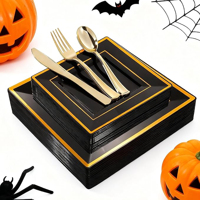 WDF 125Pieces Black Square Plastic Plates with Gold Rim Gold Disposable Silverware - include 25Pcs Dinner Plates,25Pcs Dessert Plates,25 Forks, 25 Knives, 25 Spoons for Halloween