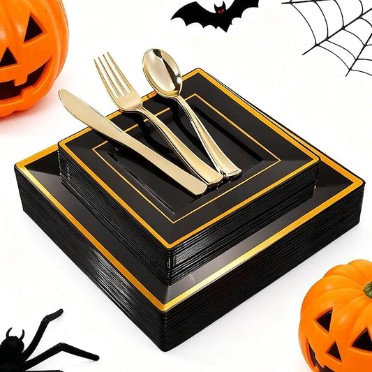 WDF 125Pieces Black Square Plastic Plates with Gold Rim Gold Disposable Silverware - include 25Pcs Dinner Plates,25Pcs Dessert Plates,25 Forks, 25 Knives, 25 Spoons for Halloween