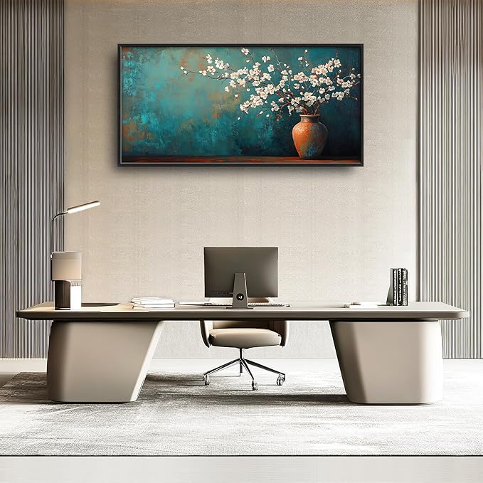 Teal Flowers Framed Wall Art for Living Room, Large Florals in Vase Canvas Wall Decor, Vintage Canvas Pictures Painting, Modern Artwork for Bathroom Bedroom 60L'' × 30W''