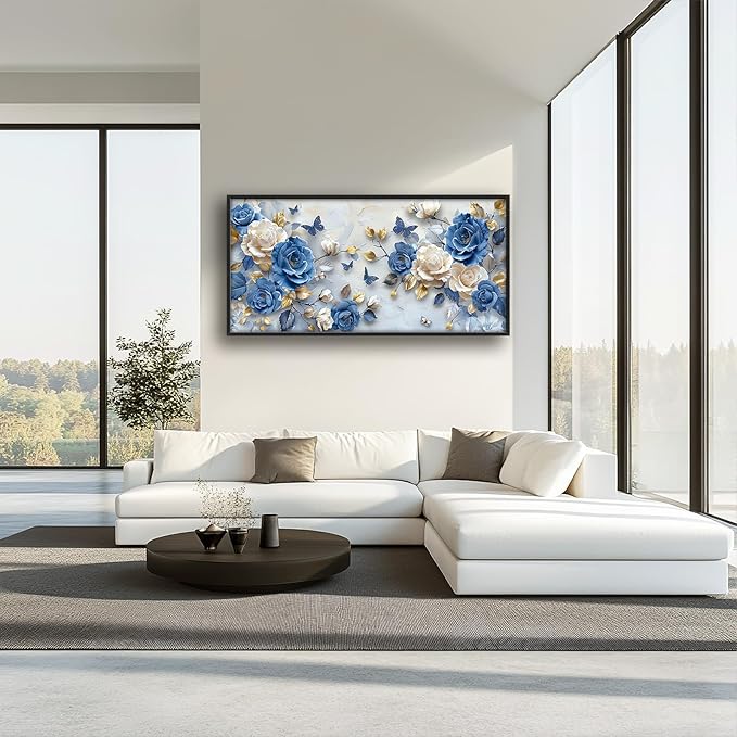 Framed Large Wall Art for Living Room, Blue and White Florals Canvas Wall Decor, Flowers Pictures Painting, Modern Artwork for Bedroom Office 60L'' × 30W''