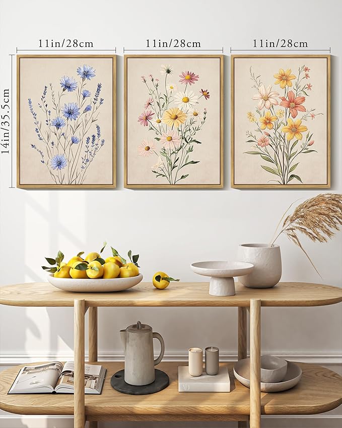 KUVIOKE Vintage Wildflower Bouquet Framed Wall Art Color Botanical Flower Wall Decor Modern Colorful Floral Hanging Decor for Living Laundry Dining 11x14in (Natural Framed)