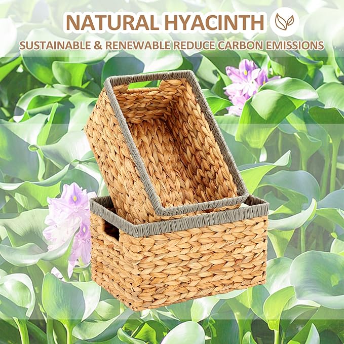 Wicker Storage Basket 2 Pack, Water Hyacinth Storage Baskets with Built-in Handles, Large Wicker Baskets for Storage & Organizing, Natural with Grey