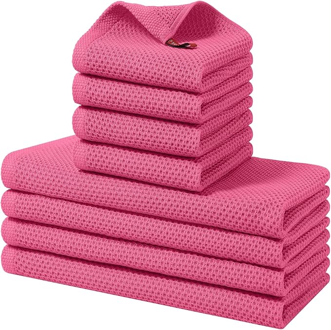 Homaxy 100% Cotton Kitchen Towels and Dishcloths Set, 12 x 12 Inches and 13 x 28 Inches, Set of 8 Bulk Kitchen Towels Set, Ultra Soft Absorbent Dish Cloths for Washing Dishes, Hot Pink