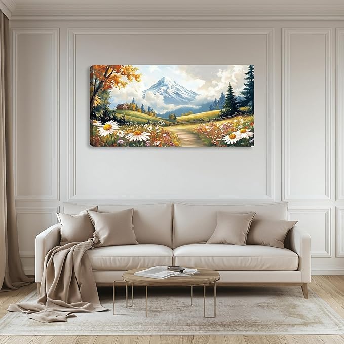 Mountain Canvas Wall Art Wall Decor Large Wildflowers Landscape Wall Art Poster Pictures Painting for Living Room for Bedroom Home Framed Farmhouse Decorations Artwork 48L x 24W