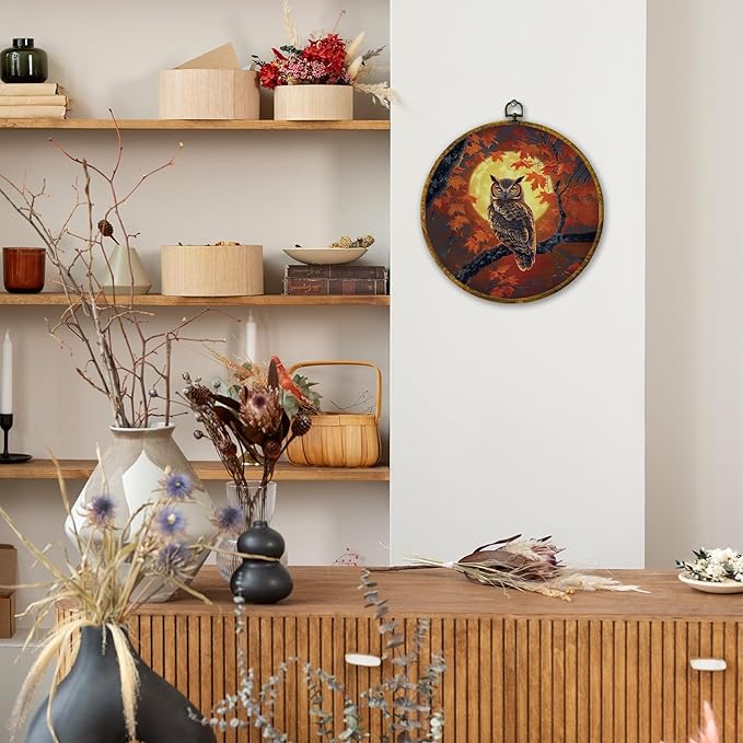 Mcehtle Moody Fall Owl Wall Art Decor, Mystical Owl Moon Autumn Spooky Woodland Scene Framed Canvas Prints 10x10, Rustic Cottagecore Nature Bird Round Wall Hanging Artwork Decorations for Gallery