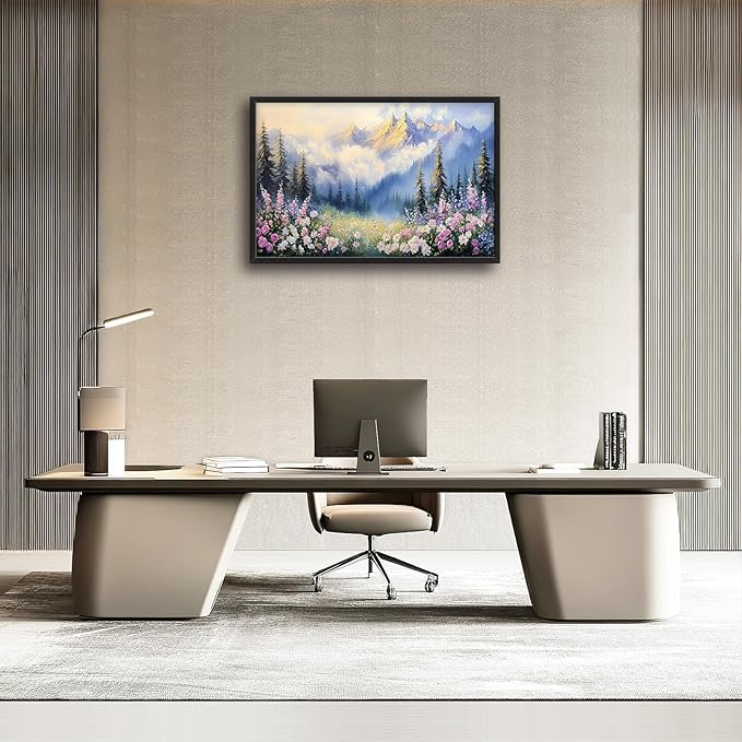 Framed Large Wall Art for Living Room, Forest Mountain Canvas Wall Decor, Flowers Tree Pictures Painting, Modern Landscape Artwork for Bedroom Office 36L'' × 24W''