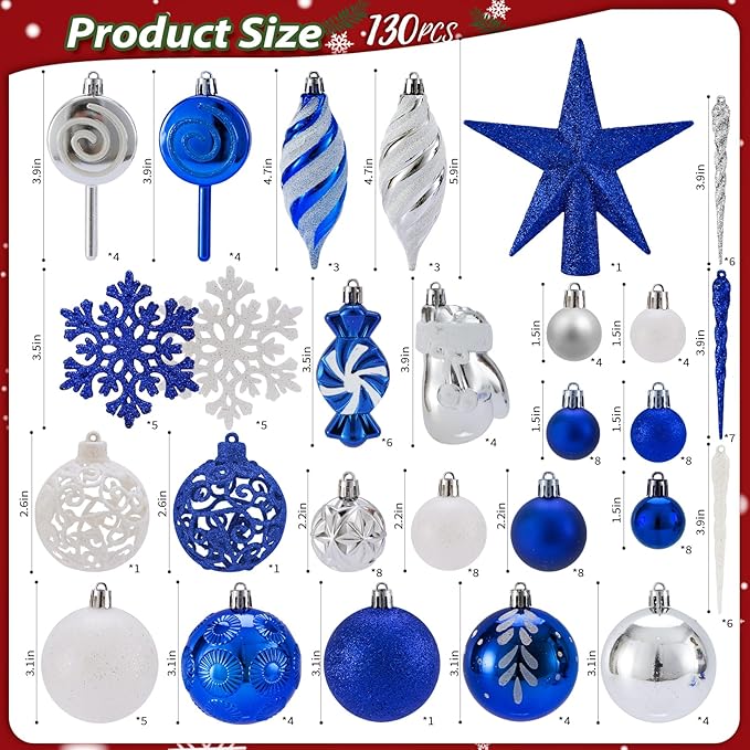130 Pcs Christmas Ball Ornaments, Christmas Tree Decoration Set Red Christmas Ball Shatterproof Hanging Ornament Decorations for Christmas Tree, Wreaths, and Outdoor Displays(Blue)