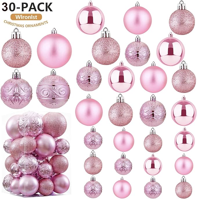 Wironlst Christmas Ball Ornaments - 30pcs Shatterproof Plastic Christmas Ornaments Hanging Ball Decorations for Xmas Tree, Holiday, Wedding, Party (Multi-Size, Pink)