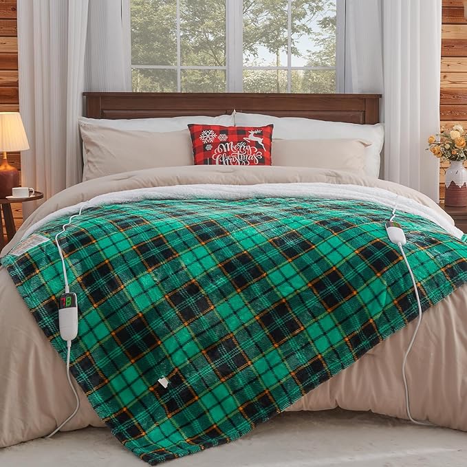 Electric Heated Blanket King Size, 90X100 Christmas Blanket with Dual Control&10 Heats Levels&Timer for Bed,Large Green Plaid Soft Sherpa Heating Blankets Warmer Gifts for Grandma Women Adults, ETL