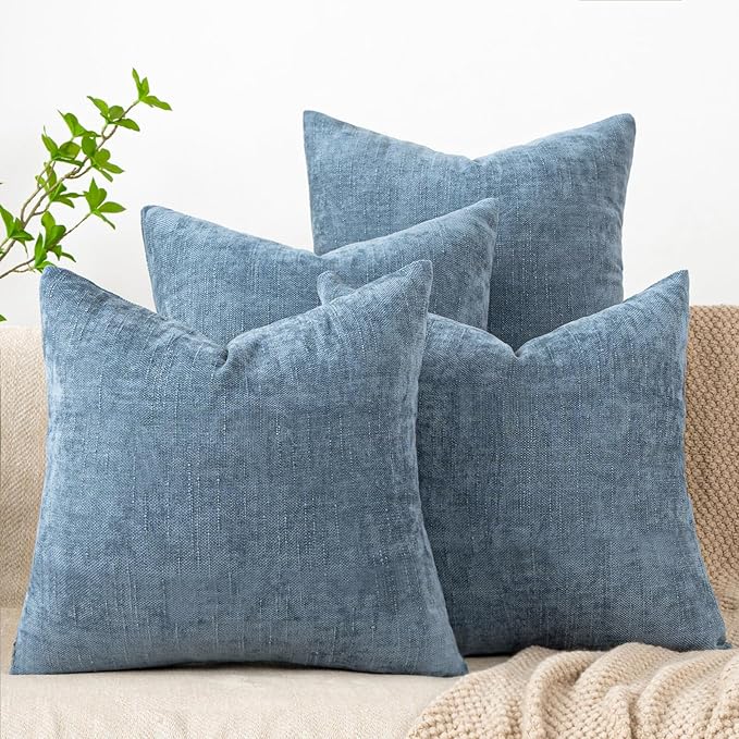 Set of 4 Soft Textured Decorative Throw Pillow Covers 16x16 Inch Cozy Farmhouse Cushion Cover Square Accent Pillow Cases for Bed Couch Sofa Living Room, Smoke Blue