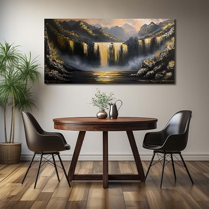 Waterfall Hand Painted Oil Painting On Canvas For Living Room - Black White and Gold Wall Decor For Bedroom - Huge Canvas Wall Art For Office Size 36 x 72 Inch