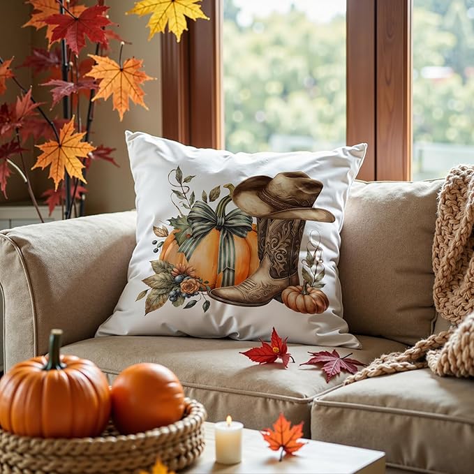 Boho Fall Western Pillow Covers 18x18, Western Fall Decor, Coquette Bow Autumn Pumpkin Country Cowgirl Boot Hat Decorative Throw Pillow Covers for Girls Room Home Bedroom Living Room