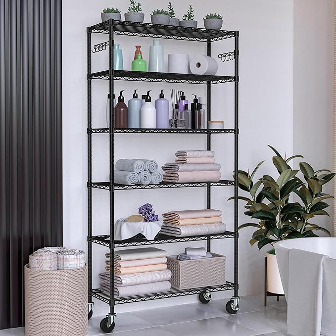 Metal Steel Shelving with Wheels Rack Unit, 6-Tier Rolling Storage Shelf Adjustable Wire Rack Organizer Utility Storage Shelving for Home Kitchen Garage Pantry(6-Tier Shelf)