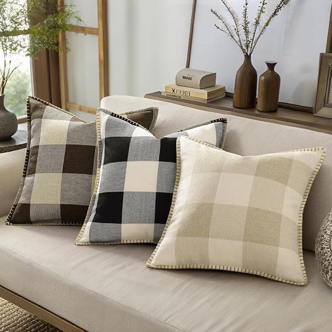 decorUhome Christmas Buffalo Plaid Check Throw Pillow Covers 12x20 Set of 2, Outdoor Lumbar Linen Decorative Farmhouse Gingham Pillow Covers with Stitched Edge for Bed Couch Sofa, Black and White