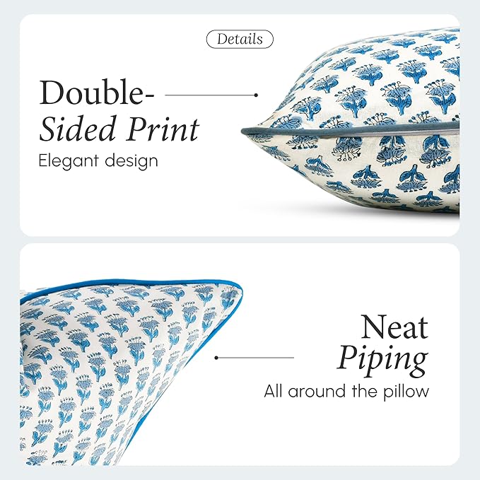 CPC 100% Cotton Throw Pillow Covers 20x20 Inch, Set of 2 Blue Block Print Pattern Couch Pillow, Cute Boho Decorative Pillows for Living Room, Bedroom with Hidden Zipper- Apatite Blue