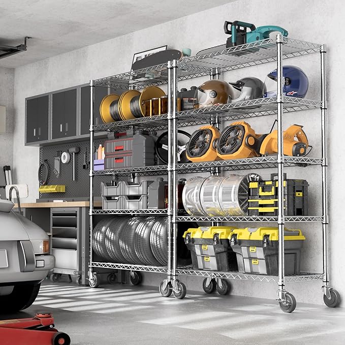 5-Shelf Storage Shelves,Wire Shelving Heavy Duty Metal Storage Shelving Unit Adjustable Garage Shelving Rack Pantry Kitchen (Chrome, 5 Tier,17.7" D x 47.2" W x 76.7" H)