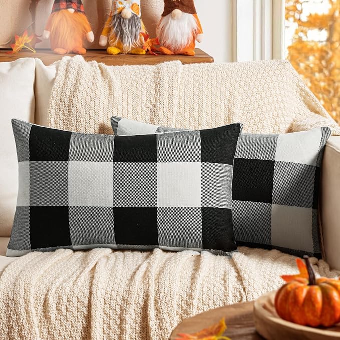 MIULEE Halloween Pack of 2 Classic Retro Checkers Plaids Polyester Linen Soft Solid Black and White Decorative Throw Pillow Covers Home Decor Outdoor Cushion Case for Sofa Bedroom Car 12 x 20 Inch