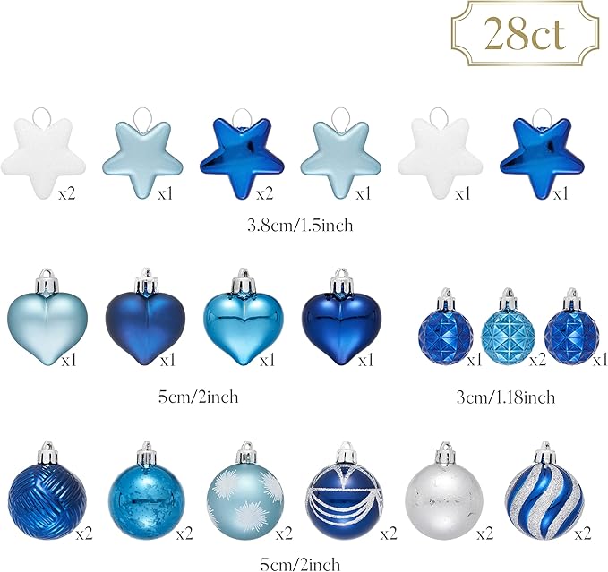 Valery Madelyn 28Pcs Christmas Heart Shaped Ornaments Gift Pack, Navy Blue Silver Craft Painted Tree Heart Decorations, Christmas Baubles Hanging Indoor Holiday Party Xmas Decor
