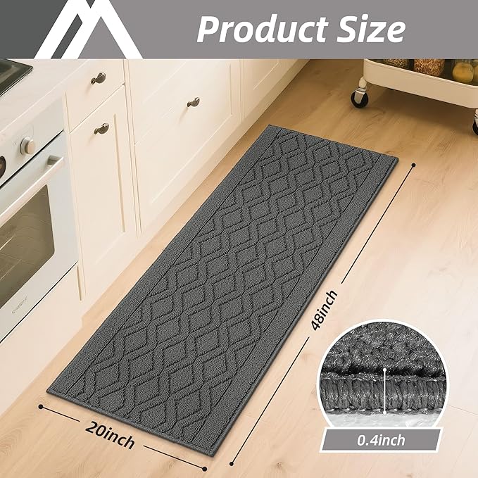 COSY HOMEER-Kitchen-Rugs-and-Mats 20"x48" Non Slip Kitchen Mats for Floor Absorbent Washable Kitchen Runner Standing Floor Mat for Sink Mat,Entry,Laundry,Polypropylene,Grey