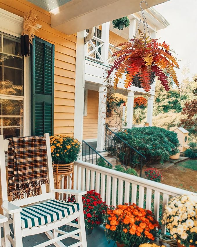 Hollyone Fall Hanging Baskets Small Artificial Fern Orange 21 Leaves Fall Hanging Decor Plant Boston Ferns Silk Plants with Black Rattan Baskets Outdoors Indoor Fake Fern Autumn Decorations for Home