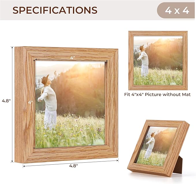 4x4 Picture Frames, 4 x 4 Photo Frames with Stand, Solid Oak Wood 4 by 4 Frame, 4x4 Picture Frame for Wall, Rustic Wood Frame 4"x4" with Real Glass, 4 by 4 Frames Set of 4, Natural Oak Color