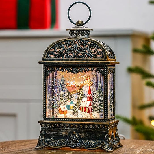 Christmas Snow Globe Lighted Flying Santa Scene, Musical Snow Water Lantern Swirling Glittering Home Decoration and Gift, Battery Operated or USB Powered