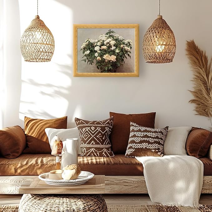 Brivoria Framed Canvas Wall Art Vintage Decor, Realistic Botanical Rose Tree Artwork with Blooming White Flowers and Green Leaves for Living Room Statement Wall or Gallery Display, 16"x20"