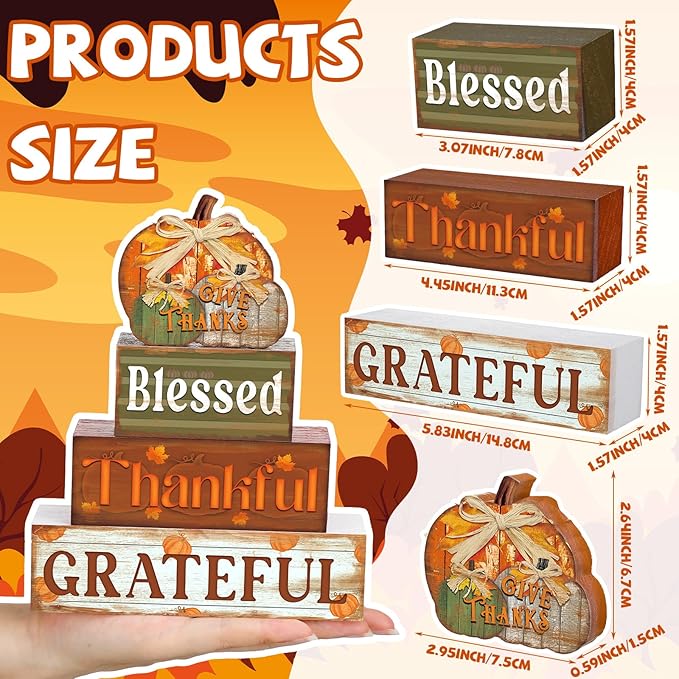 4 Pcs Fall Thanksgiving Decor for Home Thanks Pumpkin Wooden Signs with Blessed Autumn Tiered Tray Decor Give Thanks Tabletop Centerpiece Grateful Block Signs for Fall Office Kitchen Shelf