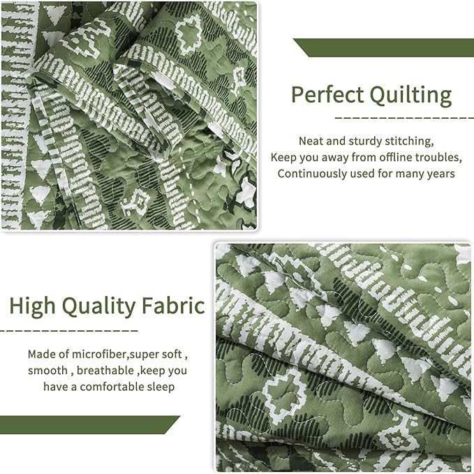 VAPUTAR Reversible Quilt Bedding Set - Queen Size (90 * 98 in) - All-Season Lightweight Coverlet with Boho Stripe Pattern, Boho Bedspread Sets, 3 Pieces/Green