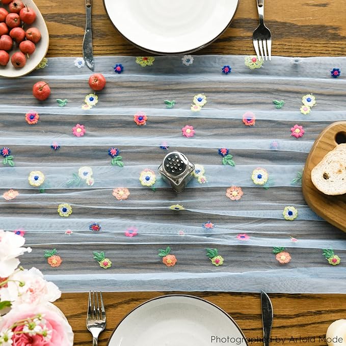 Artoid Mode Blue Embroidery Daisy Gauze Table Runner 120 Inch 10FT, Seasonal Sheer Kitchen Dining Holiday Wedding Birthday Table Decor for Home Party