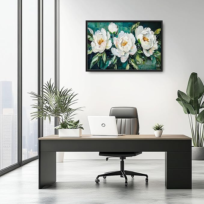 White Flower Large Wall Art for Living Room, Peoney Floral Oversized Wall Decor Pictures, Rustic Framed Canvas Print Painting, Modern Artwork for Bedroom Office Home Decor 36"x24"