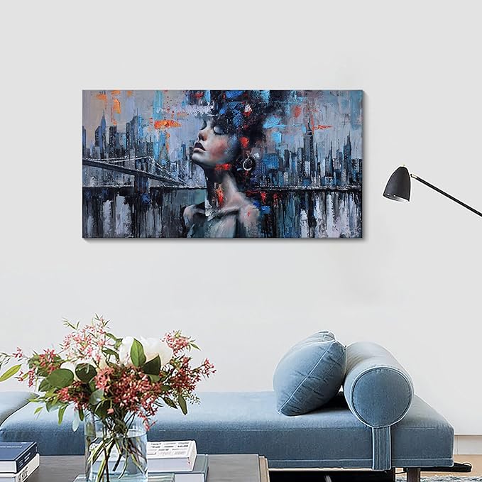 Navy Blue Abstract Wall Art Woman Picture for Living Room Modern Home Bedroom Decoration New York City Framed Cityscape Artwork Decor 20x40IN