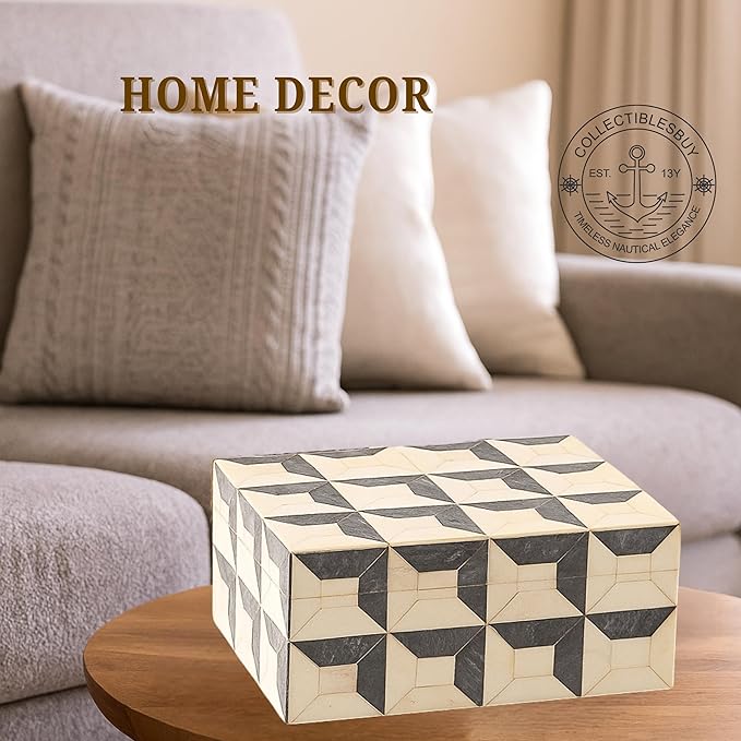 collectiblesBuy Handmade Bone Inlay Jewelry Storage Box – Rectangular Decorative Organizer with White Grey Yellow Design – Unique Keepsake Gift for Home Décor