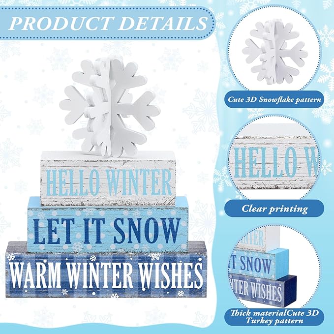 Geelin 4 Pieces Hello Winter Wooden Table Decorations Let It Snow Wooden Signs Rustic Snowflake Tiered Tray Decor Winter Wishes Tabletop Centerpieces for Home Desk Room Kitchen Shelf
