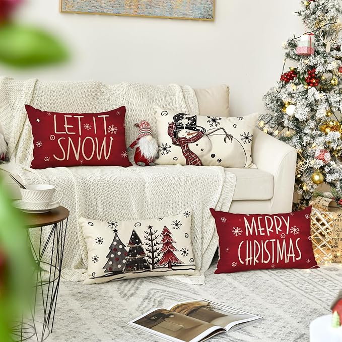 AVOIN colorlife Merry Christmas Snowman Let It Snow Throw Pillow Covers, 12 x 20 Inch Xmas Tree Winter Holiday Cushion Case Decoration for Sofa Couch Set of 4