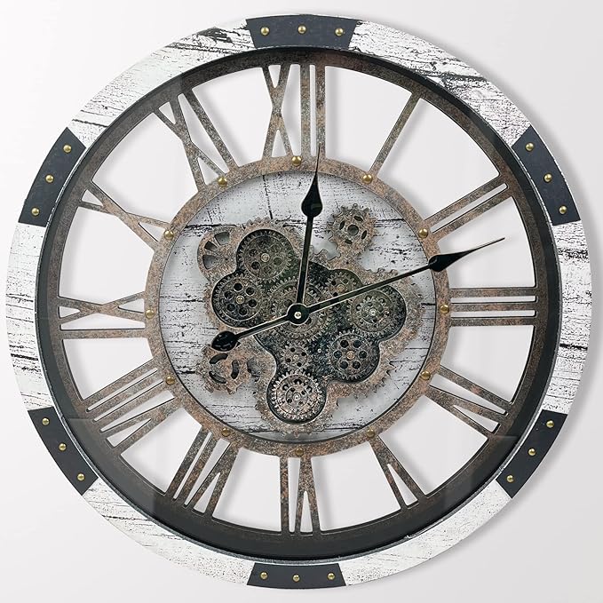 DORBOKER 24" Large Wall Clock with Moving Gears,Oversize Vintage Industrial Rustic Farmhouse Clocks for Living Room Decor Office Home,Solid Wood HD Tempered Glass Cover,White Grey