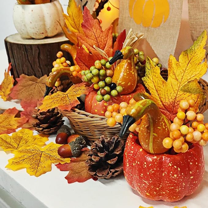 winemana Fall Decorations for Home - Set of 6 Artificial Pumpkin, Berry & Pine Cone Table Centerpiece for Office, Thanksgiving, Bathroom Kitchen Autumn Decor