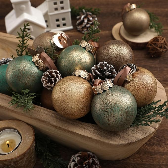 12 Pcs Neutral Textured Christmas Ball Ornaments 2.36'' Vintage Christmas Tree Decor Rustic Distressed Ornaments with Loop Shatterproof Hanging Ball for Farmhouse Xmas Decor (Nostalgic Color)