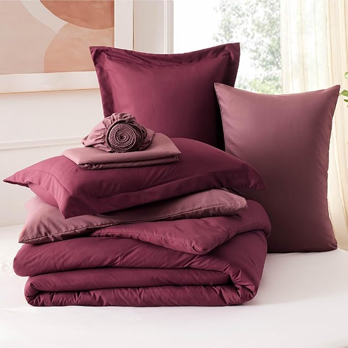 Bedsure Full Size Comforter Set - 7 Pieces Burgundy Full Bedding Set for All Seasons, Boho Contrasting Design Bed in a Bag with Comforter, Sheets, Pillowcases & Shams