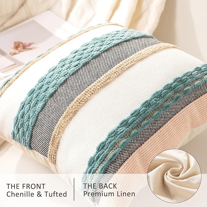 Boho Throw Pillow Covers 18x18 Set of 2 Farmhouse Decorative Cushion Case Striped Square Pillows Cover Chenille Pillow Cases Accent Neutral Pillowcase for Sofa Couch Bed,Blue