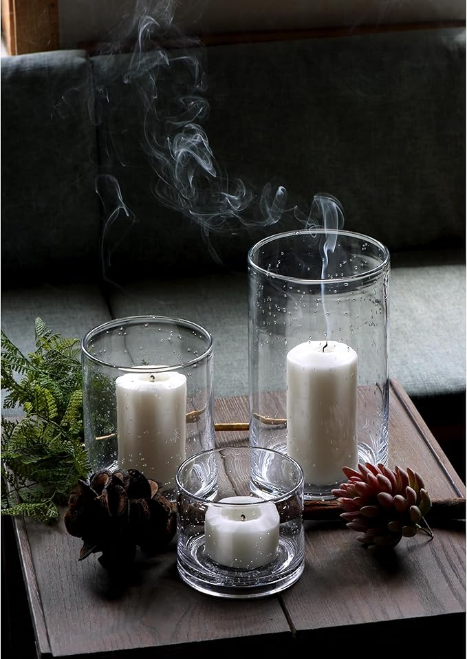 ARIAMOTION Hurricane Candle Holders for Pillar Hand Blown Glass Cylinder Vases Table Centerpiece Bulk Room Decor Clear Seeded Bubbles Living Dining Kitchen Island 10" 7" 4" Set of 3