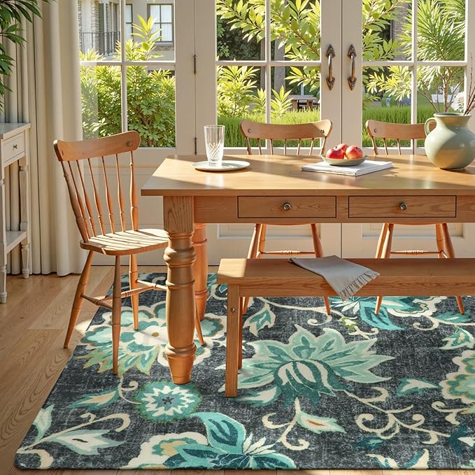 Lahome Floral Area Rug for Living Room - 4 x 6 Rug Washable Non-Slip Soft Rugs for Bedroom Throw Lightweight Boho Dining Room Rug, Blue Paisley Print Indoor Floor Carpet for Office Kitchen Entryway