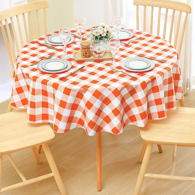 misaya Round Waterproof Vinyl Table Cloth, Buffalo Flannel Backed Tablecloth, Wipeable Plastic Table Cover for Fall, Thanksgiving (60", Orange and White)