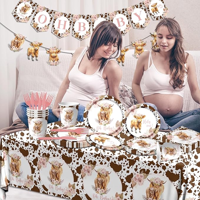 142Pcs Highland Cow Birthday Plates and Napkins,Highland Cow Baby Shower Decorations Western Theme Table Decorations for Baby Shower Party（20 Guests）