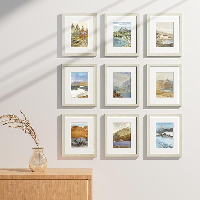 Vittanly 8x10 Picture Frames Set of 9, Shatter Resistant Plexiglass, Display 5x7 Pictures with Mat or 8x10 without Mat, Photo Frames for Wall or Tabletop, Engineered Wood, Whitemist