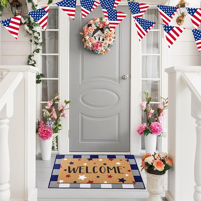 2 Pcs 4th of July Door Mat Patriotic Welcome Non Slip Coir Mats Red Blue White Independence Day Star Buffalo Floor Layering Doormats Seasonal for Front Porch Entryway Decor(Independence Day)