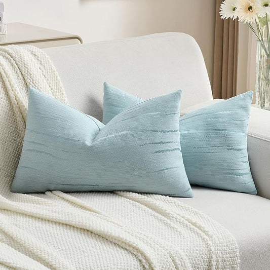 FUTEI Light Blue Chenille Decorative Throw Pillow Covers 12x20 Inch Set of 2,Soft Embossed Striped Textured Lumbar Pillow Cases,Modern Home Decor for Couch Bed Living Room
