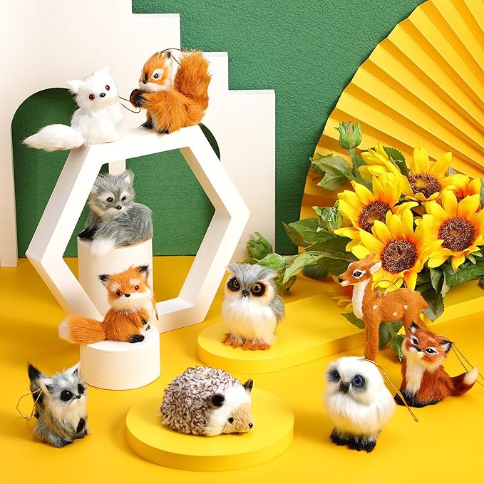 Skylety 10 Pieces Forest Animals Ornaments Woodland Animal Faux Fur Plush Hanging Ornaments Family Educational Playset for Fall, Christmas, Winter Birthday Party Supplies(Animals)