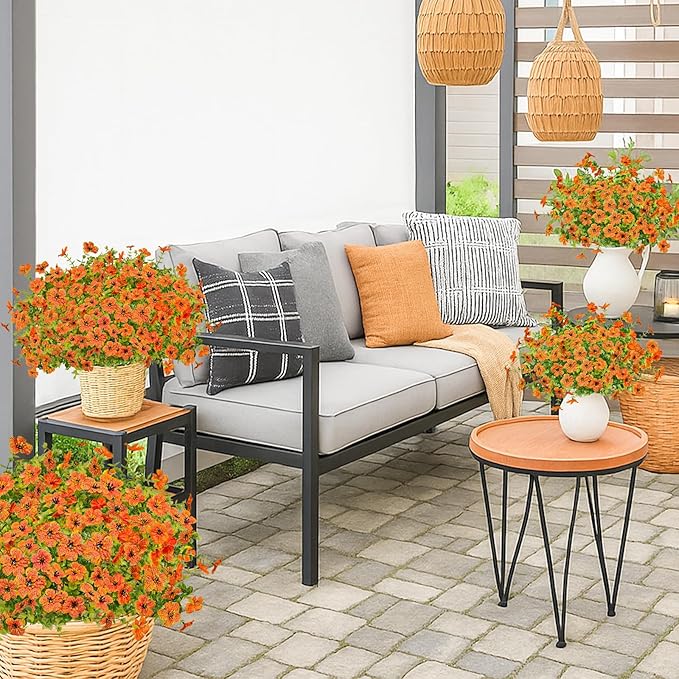 Agusbagli 72 Bundles Artificial Fall Flowers Outdoor UV Resistant Fake Autumn Boxwood Plants No Fade Faux Fall Flowers Arrangements for Outdoor Home Porch Garden Thanksgiving Fall Decor, Orange