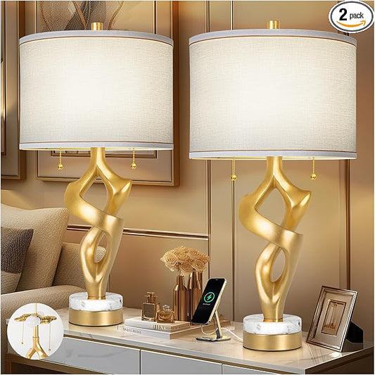 Scenekoy Sculptural Table lamp Set of 2 for Living Room with Marble Base & USB Ports, Gold Leaf Finish Rustic Bedside Lamps with S Cluster Pull Chains Switch, Nightstand Lamp for Office Hotel Bar